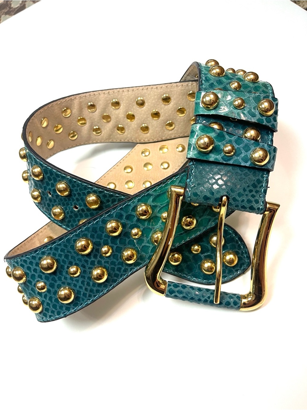 SUZANNE SOMERS GENUINE LEATHER Teal Green Faux Snakeskin BELT XL